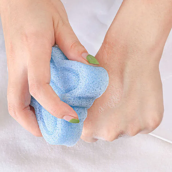 Blue Butterfly Konjac Sponge displayed with natural elements